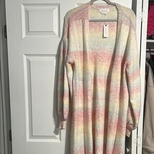 Multicolor Open-Front Women's long Sweater with balloon like sleeves.
